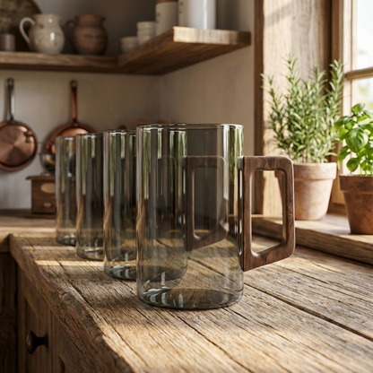 Set of 4 Smokey Gray Glass Coffee Cups with Wooden Handles 400ml Modern Glass Mugs for Tea Coffee Latte & Iced Drinks