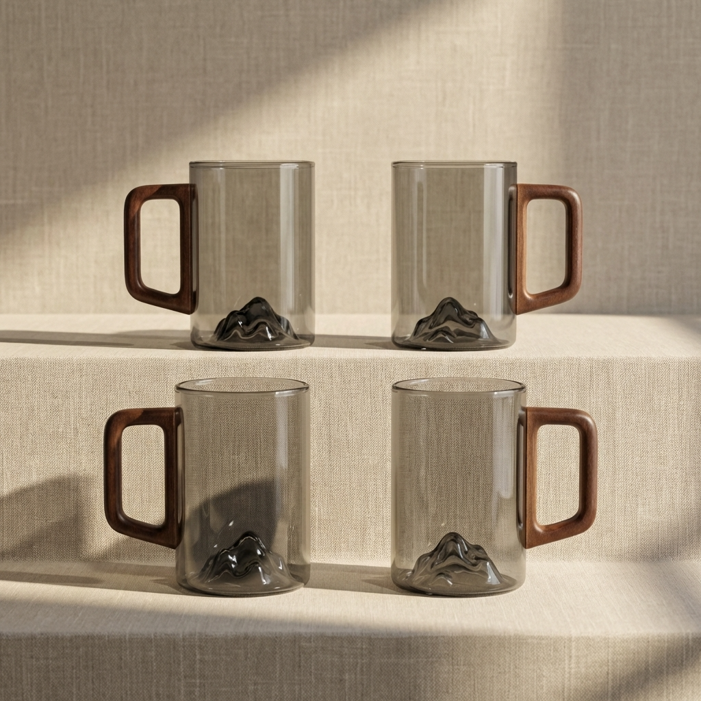 Set of 4 Smokey Gray Glass Coffee Cups with Wooden Handles 350ml Tall Mountain Mugs for Latte Tea Coffee & Iced Drinks