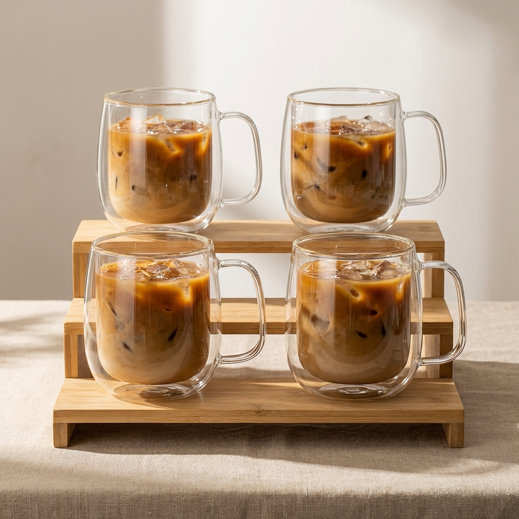 Set of 4 Double Walled Glass Coffee Cups 350ml Insulated Latte Mugs for Coffee Tea Cappuccino Dishwasher Safe Glassware