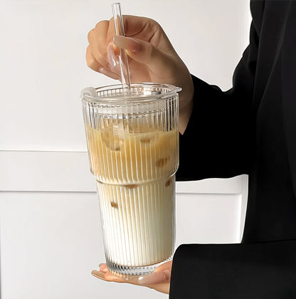 Glass Tumbler Cup with Straw & Lid 600ml Iced Coffee Travel Cup Reusable Drinking Glass for Cold Drinks Dishwasher Safe