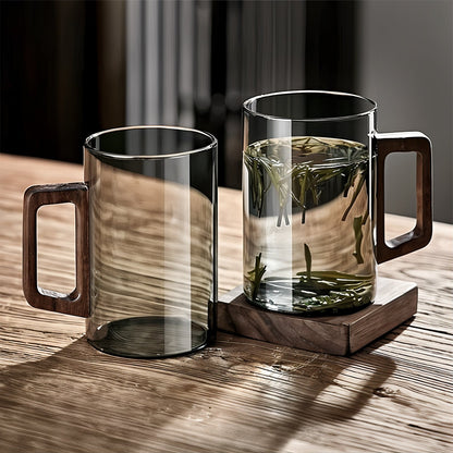 Set of 4 Smokey Gray Glass Coffee Cups with Wooden Handles 400ml Modern Glass Mugs for Tea Coffee Latte & Iced Drinks