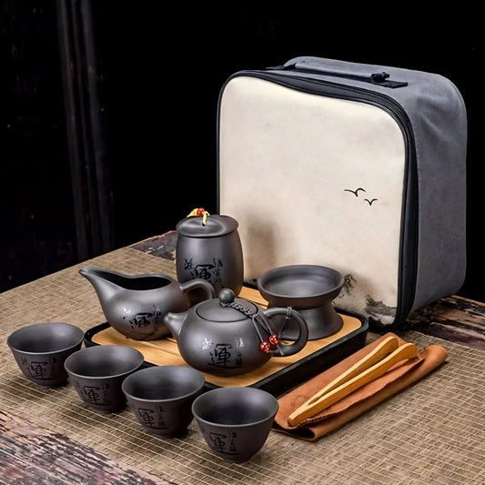 10 Piece Japanese Ceramic Tea Set with Bamboo Tray & Travel Bag Vintage Tea Ceremony Set for Loose Leaf Tea & Gifting