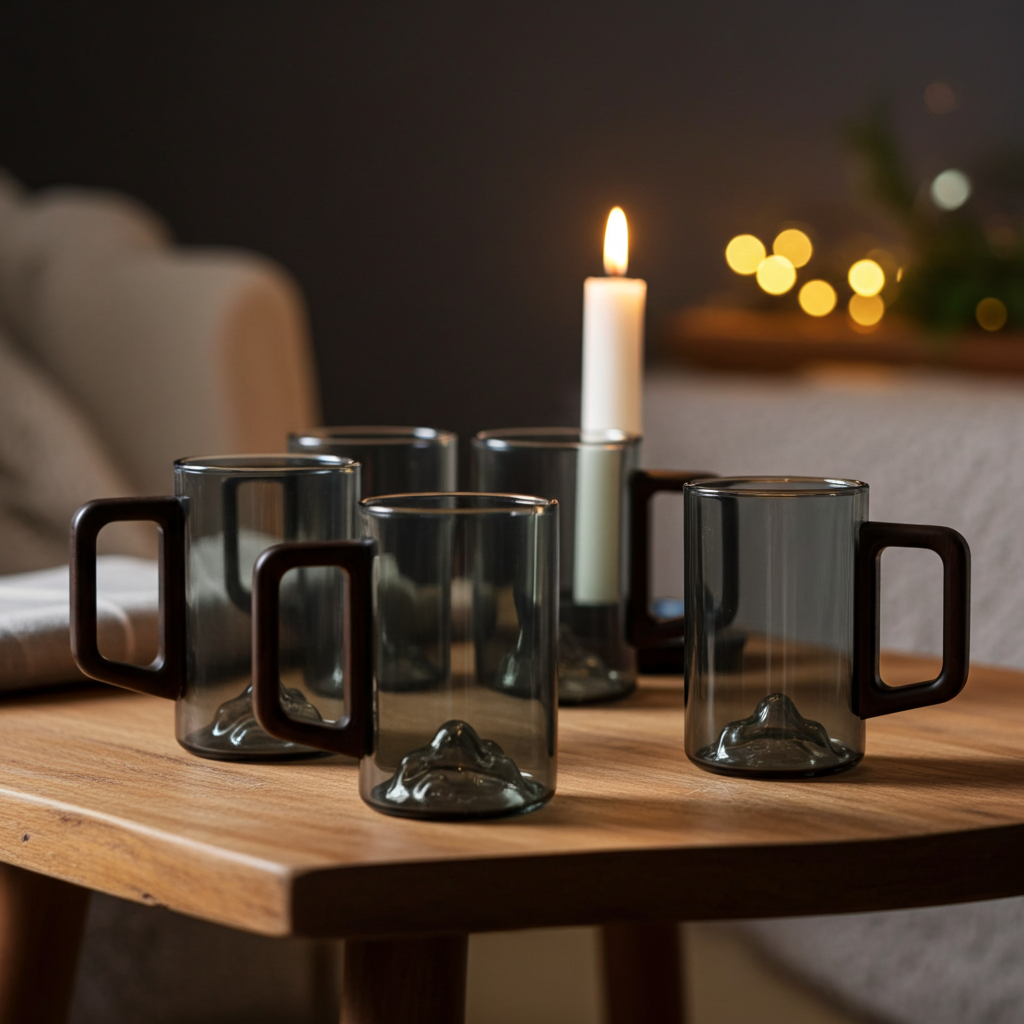 Set of 4 Smokey Gray Glass Coffee Cups with Wooden Handles 350ml Tall Mountain Mugs for Latte Tea Coffee & Iced Drinks