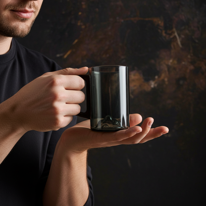 Set of 4 Smokey Gray Glass Coffee Cups with Wooden Handles 350ml Tall Mountain Mugs for Latte Tea Coffee & Iced Drinks