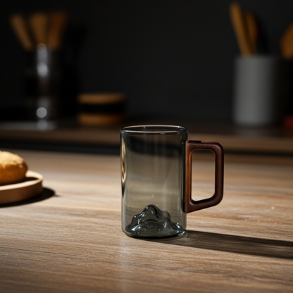Set of 4 Smokey Gray Glass Coffee Cups with Wooden Handles 350ml Tall Mountain Mugs for Latte Tea Coffee & Iced Drinks