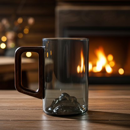 Set of 4 Smokey Gray Glass Coffee Cups with Wooden Handles 350ml Tall Mountain Mugs for Latte Tea Coffee & Iced Drinks