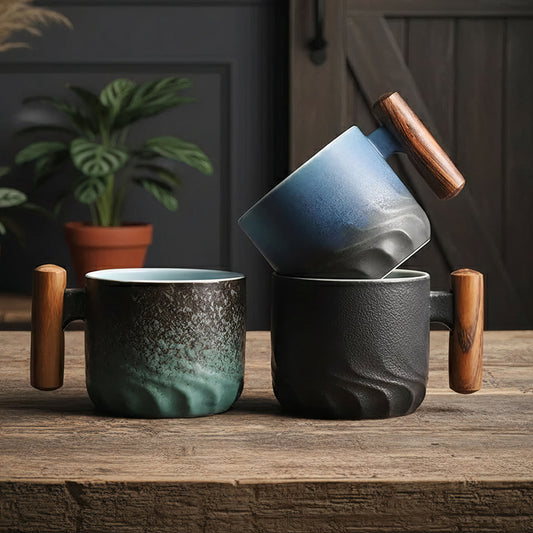 Set of 3 Ceramic Espresso Cups with Wooden Handles Vintage Coffee Cup Set 80ml Small Espresso Mugs for Home Coffee Bar