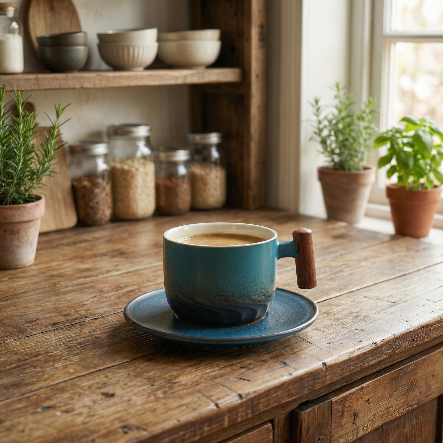 Set of 3 Ceramic Coffee Cups with Wooden Handles Vintage Flat White Cups 180ml Rustic Coffee Mugs for Latte Tea & Espresso