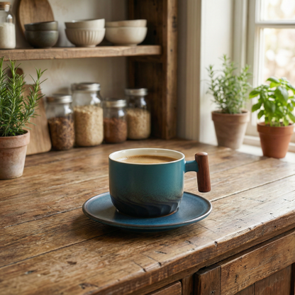 Set of 3 Ceramic Coffee Cups with Wooden Handles Vintage Flat White Cups 180ml Rustic Coffee Mugs for Latte Tea & Espresso