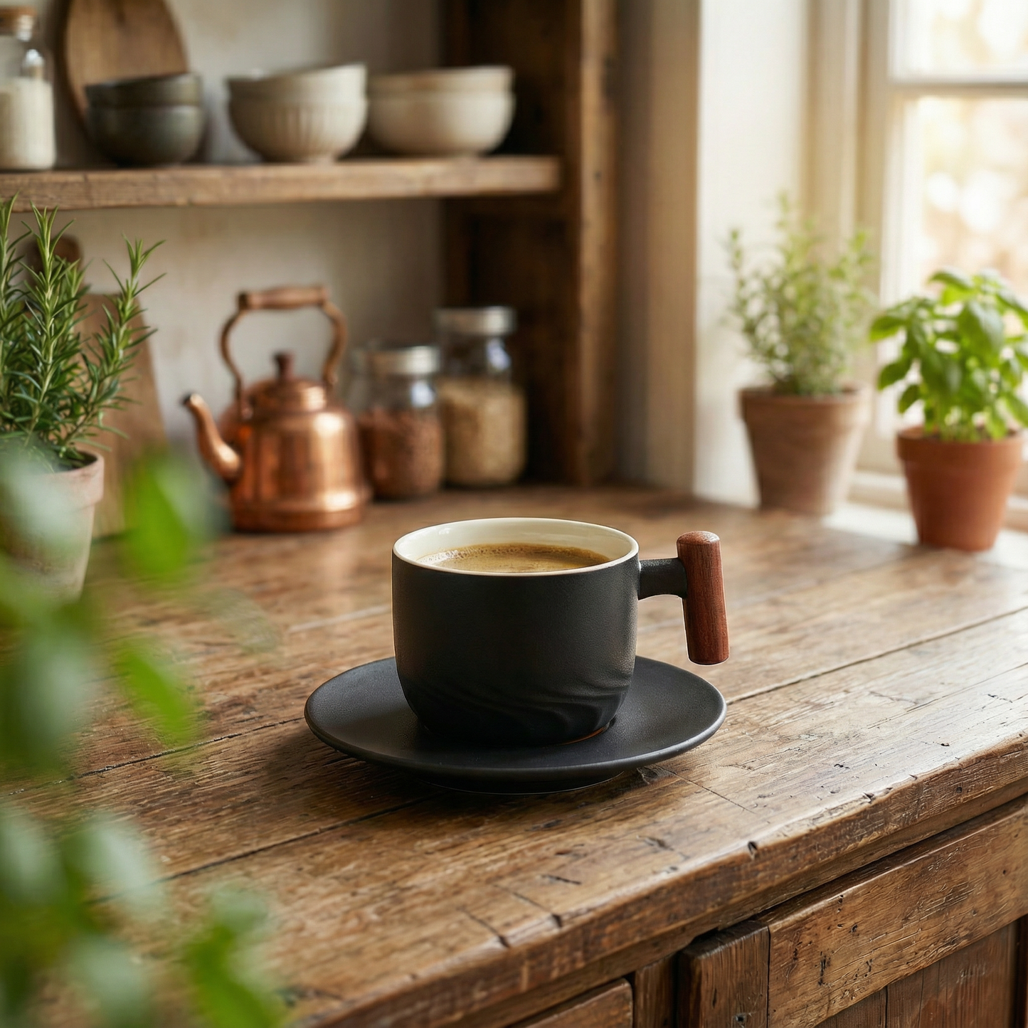 Set of 3 Ceramic Coffee Cups with Wooden Handles Vintage Flat White Cups 180ml Rustic Coffee Mugs for Latte Tea & Espresso