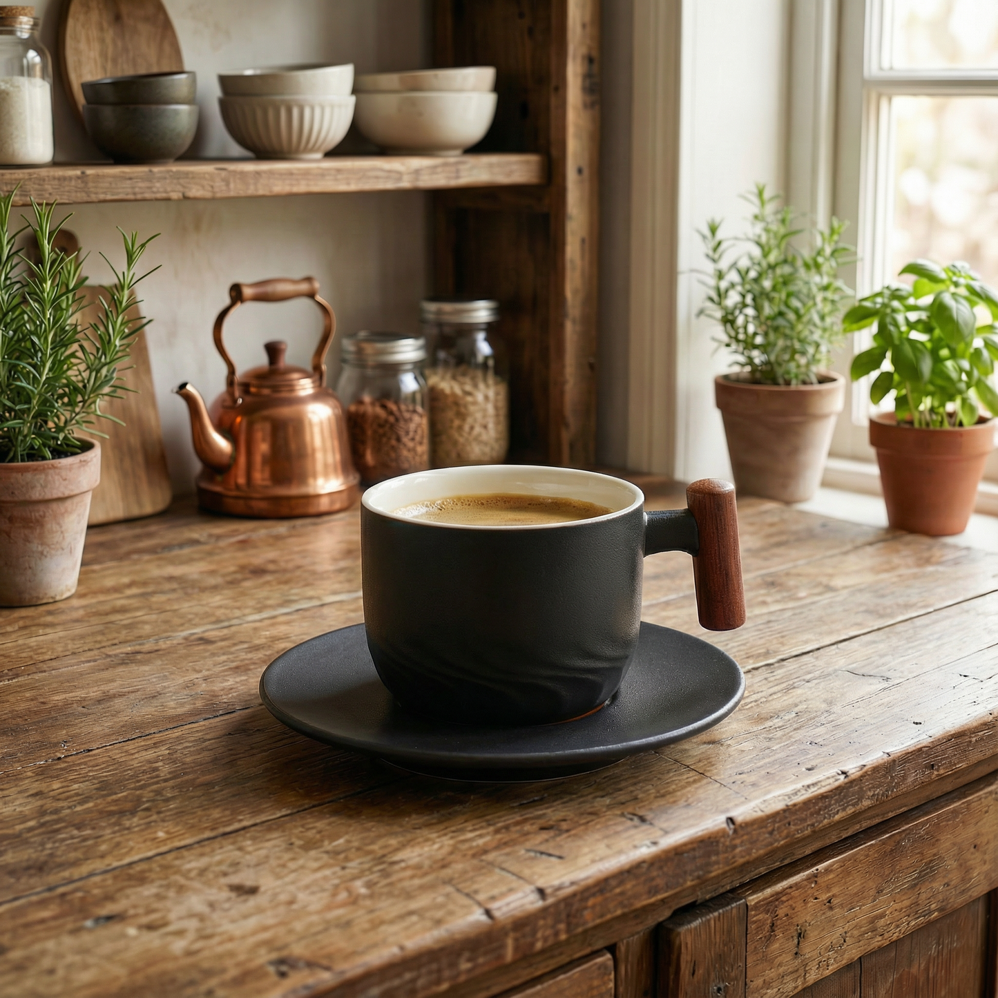 Set of 3 Ceramic Coffee Cups with Wooden Handles Vintage Flat White Cups 180ml Rustic Coffee Mugs for Latte Tea & Espresso