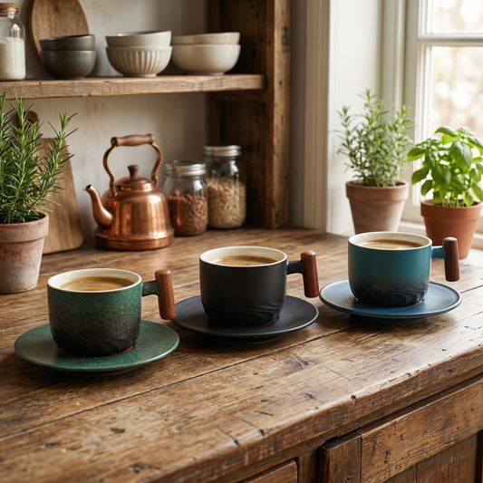 Set of 3 Ceramic Coffee Cups with Wooden Handles Vintage Flat White Cups 180ml Rustic Coffee Mugs for Latte Tea & Espresso