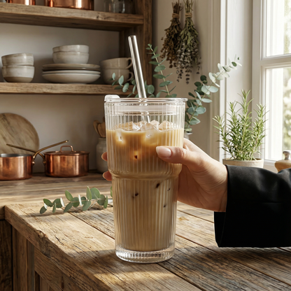 Glass Tumbler Cup with Straw & Lid 600ml Iced Coffee Travel Cup Reusable Drinking Glass for Cold Drinks Dishwasher Safe