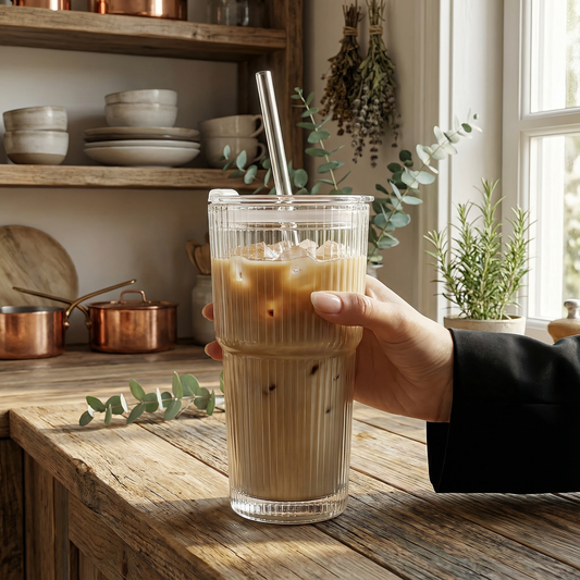 Glass Tumbler Cup with Straw & Lid 600ml Iced Coffee Travel Cup Reusable Drinking Glass for Cold Drinks Dishwasher Safe