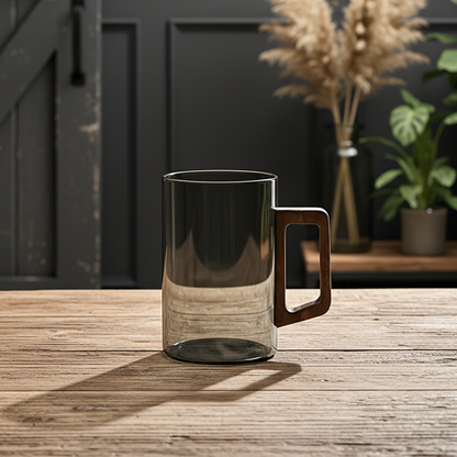 Set of 4 Smokey Gray Glass Coffee Cups with Wooden Handles 400ml Modern Glass Mugs for Tea Coffee Latte & Iced Drinks