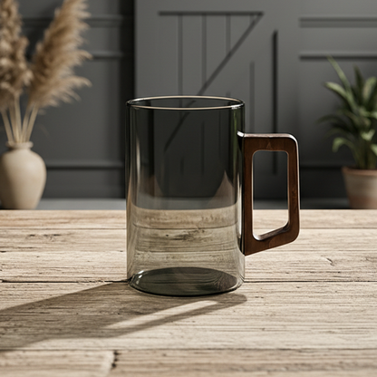 Set of 4 Smokey Gray Glass Coffee Cups with Wooden Handles 400ml Modern Glass Mugs for Tea Coffee Latte & Iced Drinks