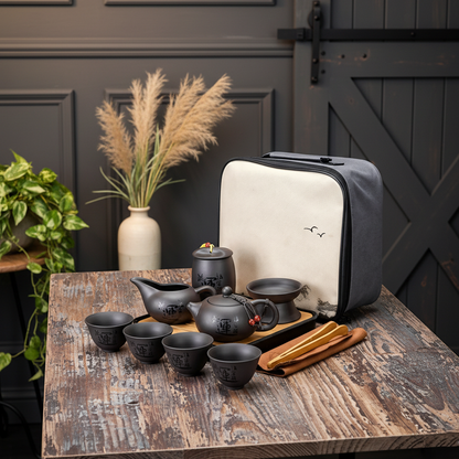 10 Piece Japanese Ceramic Tea Set with Bamboo Tray & Travel Bag Vintage Tea Ceremony Set for Loose Leaf Tea & Gifting